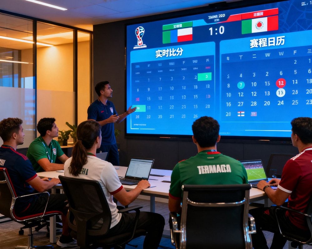 美加墨世界杯团队办公室内，大型数据屏幕显示实时比分与赛程日历，团队成员正在讨论